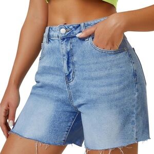 Blue Jean Shorts with Frayed Hem and Distressed Look